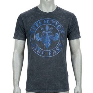 Affliction Live Fast Mens XL Graphic T-Shirt Blue Fleur De Lis Cross Stud Grey